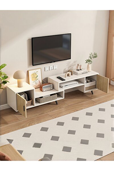 Venpara حامل تلفزيون مع خزانتين للتخزين ورفوف بثلاث طبقات، وخزانة تلفزيون مع إدارة الكابلات