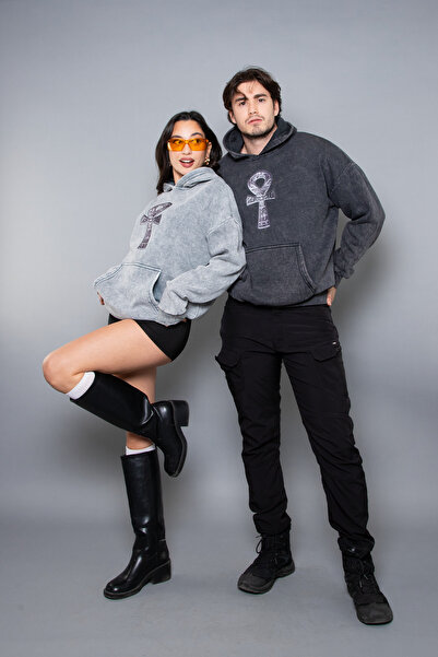 Sekizbiraltı Oko Horusa Štampano Oversize kroj Unisex crna majica sa kapuljač...