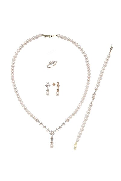 Birinci 14 Ayar Altın 6 mm Yaprak Modelli Doğal İnci Küpe Kolye Bileklik Yüzü...