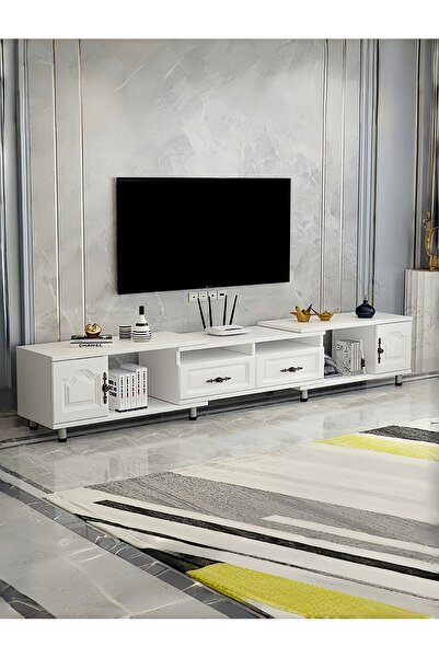 Venpara خزانة حامل تلفزيون قابلة للتوسيع 140-220 سم، تخزين متعدد الأرفف، طاولة تلفزيون بيضاء عصرية