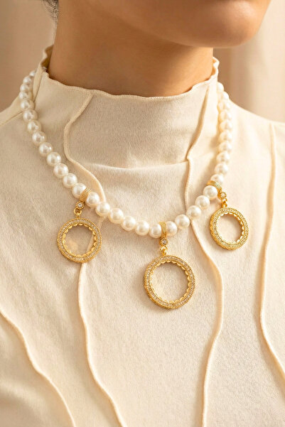 TwinsCollection Yarım ve Çeyrek Altın Uyumlu 8mm İncili 3'ü Bir Yerde Kolye - Yarımlı Çeyrekli Üçü Bir Yerde Kolye