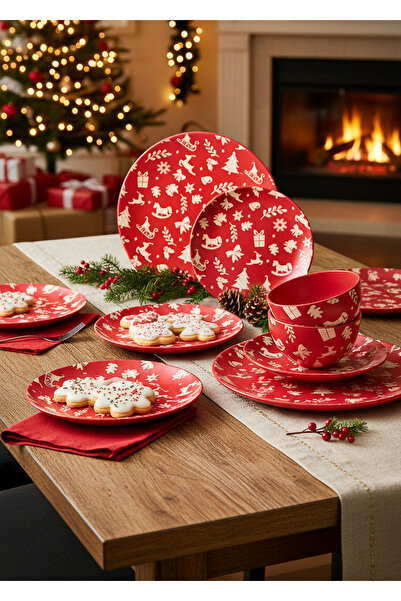 Tavola Christmas dinner plate set 18 pcs porcelain RED Christmas dishwasher microwave safe