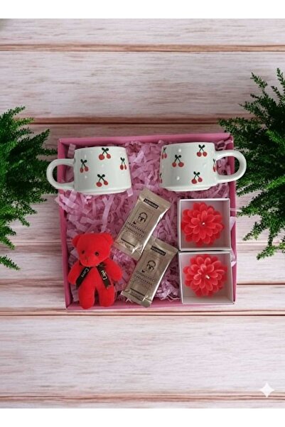 MARMORİ ikili el yapımı kiraz kupalı peluş ayıcıklı mumlu kahve çikolatalı ar...