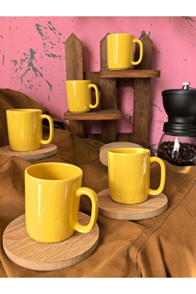 arsimhome 12 parça ahşap tabaklı fincan takımı sarı