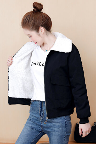 dorbe cozy black winter jacket with soft white faux-fur collar