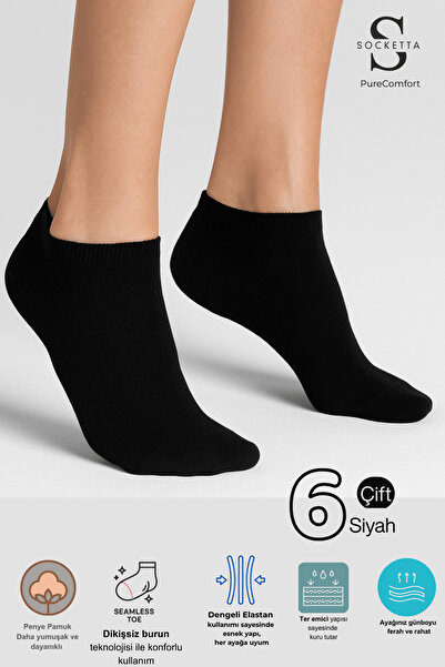 Socketta Kadın Pamuklu Dikişsiz 6'lı Siyah Patik Çorap – Premium