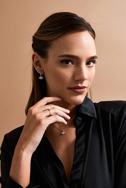 Birinci 14 Ayar Altın 6 mm Yarım Çiçek Modelli Doğal İnci Küpe Kolye Yüzük Üç...