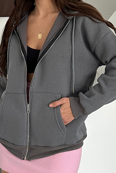 Mogi Butik Women's 3 Thread Fleece Lined Hooded Oversize Sweat Cardigan 3095