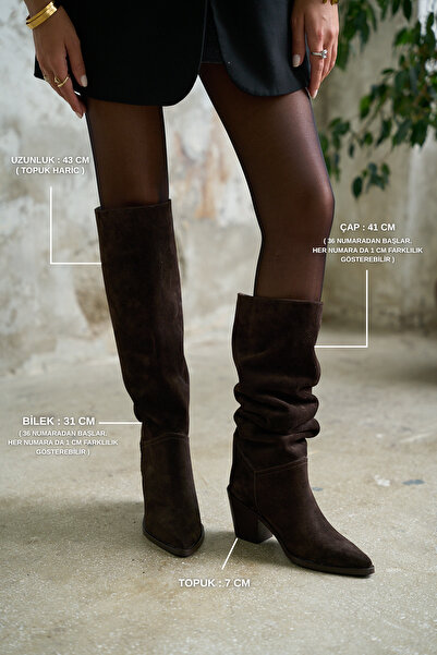 kalyoncu moda Amaris Gerçek Deri Kahve Renkli Topuklu Kadın Çizme