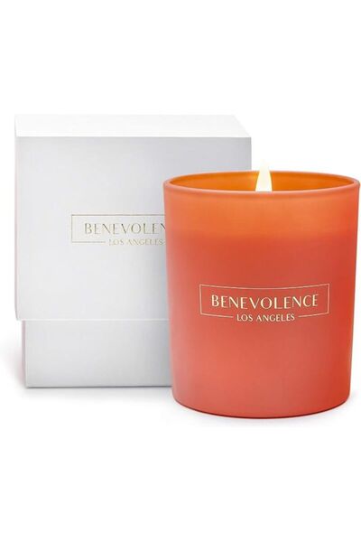 Benevolence LA Premium soy candle, Tudor Rose & Amber scent, pink container, 45h burn time