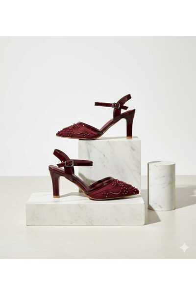 Btr Women's mid-heel sandals, sheer mesh with pearls