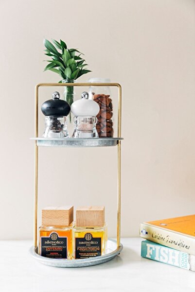 Arma House Country Style Galvanized Gold Rimed Round 2 Tier Presentation Plate / Organizer