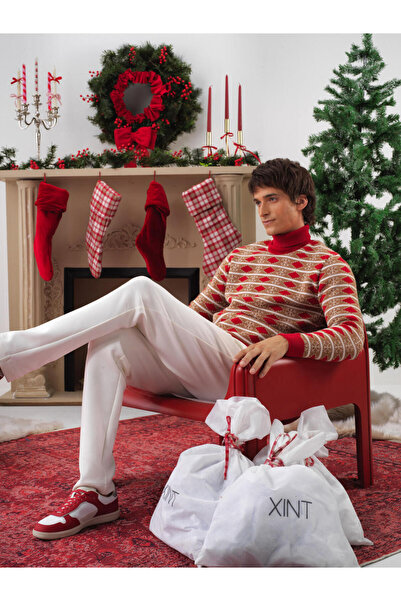 Xint Erkek Kırmızı Yünlü Desenli Kazak