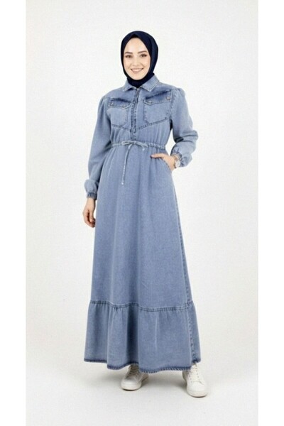 Hb Harma Time Butik فستان نسائي من الدنيم الأزرق بتفاصيل جيب وسحاب للحجاب