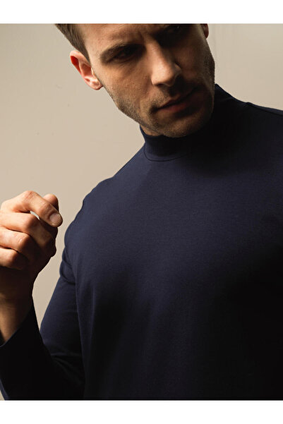 Xint Erkek Lacivert Modal Dokulu Slim Fit Uzun Kollu Tişört