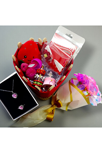 İNCİ sepette Kırmızı hediye sepeti ve peluş çilek gül kolye çiçek buketi mini...