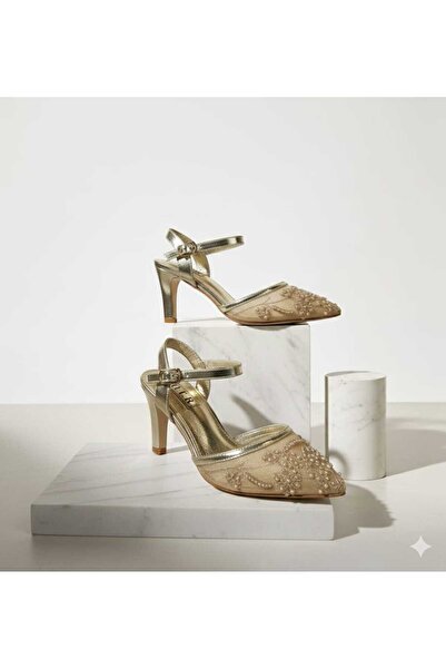 Btr صندل نسائي كعب وسط شبك شفاف مع لؤلؤ