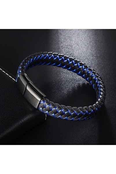 Caseras سوار رجالي من الجلد الطبيعي باللون الأزرق والأسود من الفولاذ