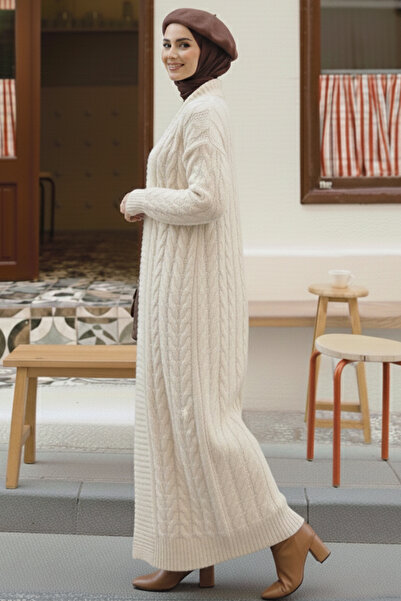 benguen Πλεκτή Ζακέτα Μακρύ Πλεκτό Μοτίβο R4251 Χρώμα Πέτρας