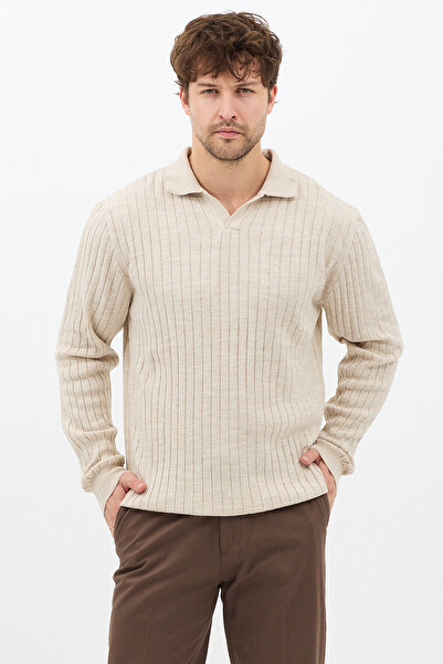 Tarz Cool Чоловічий бежевий трикотажний светр з довгими рукавами та поло-комірцем
