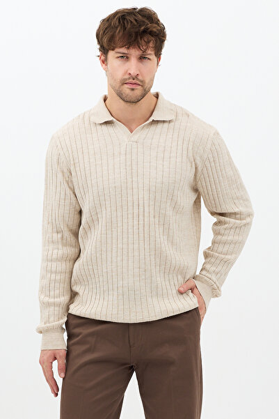 Tarz Cool Чоловічий бежевий трикотажний светр з довгими рукавами та поло-комірцем