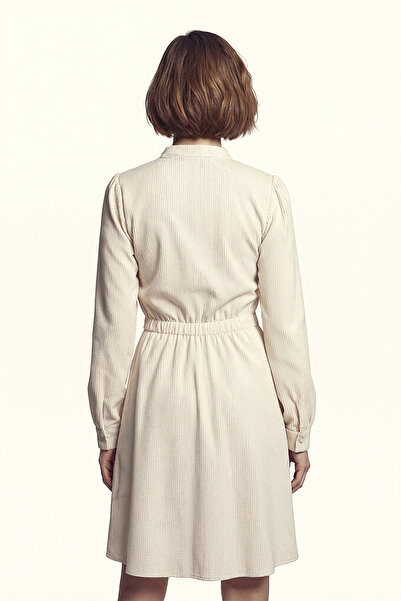 armonika Γυναικείο φόρεμα κρεμ βελούδινο με λαιμόκοψη σε σχήμα V με ελαστική μέση λεπτή F κοτλέ φορέματα με φαρδύ πόδι ARM-25K001049