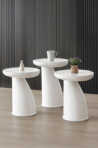 ALTINAKS MOBİLYA Elips 3'lü Sehpa, Yan Sehpa, Zigon Sehpa - Beyaz & Beyaz Mer...