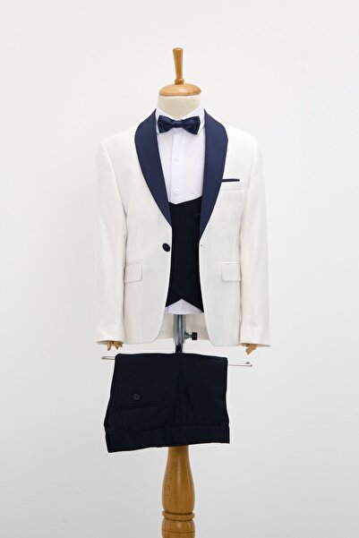 Doctor junior Boy's Tuxedo Suit - With Vest, Ecru Color, Navy Collar Detail