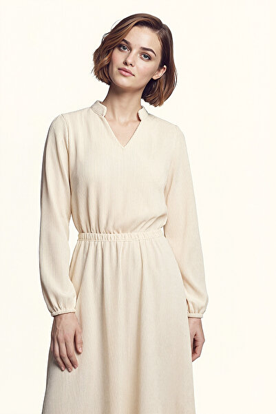 armonika Women's Ecru Velvet V-Neck Elastic Waist Slim F Corded Fabric Flared Dress Arm-25K001049