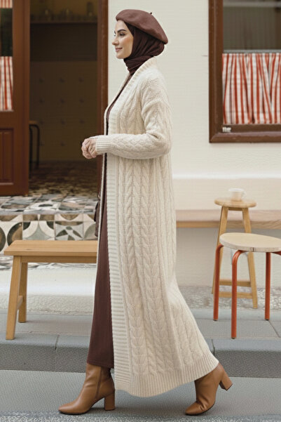 benguen Πλεκτή Ζακέτα Μακρύ Πλεκτό Μοτίβο R4251 Χρώμα Πέτρας