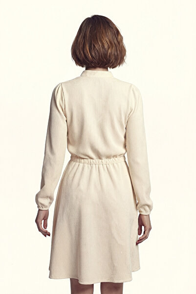 armonika Women's Ecru Velvet V-Neck Elastic Waist Slim F Corded Fabric Flared Dress Arm-25K001049