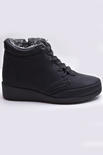 ISPARTALILAR 210 Cizme ortopedice din cauciuc cu șireturi și blană în interior, cizme negre pentru femei