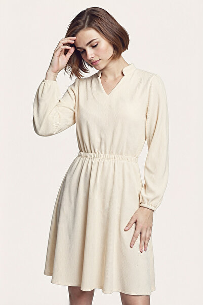 armonika Women's Ecru Velvet V-Neck Elastic Waist Slim F Corded Fabric Flared Dress Arm-25K001049