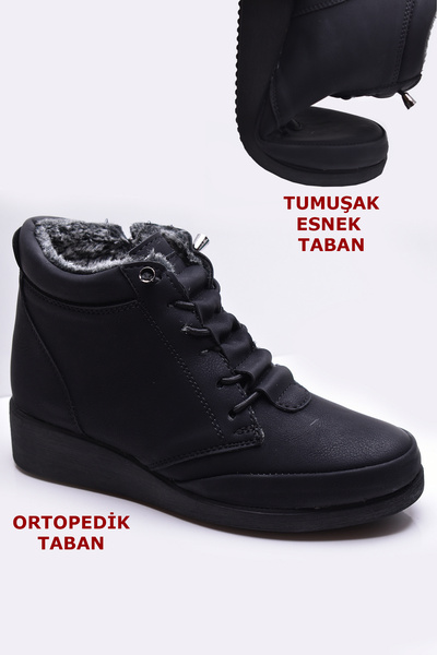 ISPARTALILAR 210 Cizme ortopedice din cauciuc cu șireturi și blană în interior, cizme negre pentru femei