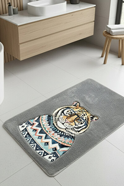 Chilai Home Logwe Gray Single Embroidered Bath Mat, Non-Slip Base 60X100 cm