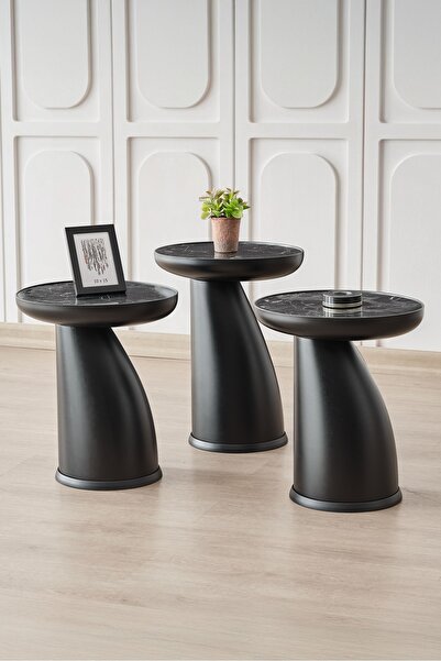 ALTINAKS MOBİLYA Elips 3'lü Sehpa,Yan Sehpa,Zigon Sehpa - Siyah & Siyah Merme...