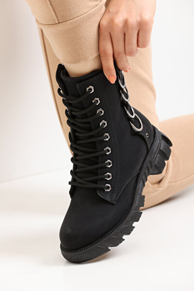 ISPARTALILAR 224 Günlük Bağcıklı Fermuarlı Siyah Kadın Bot Ayakkabı Postal