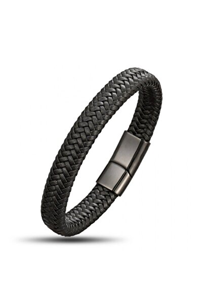 Caseras Siyah Deri Örgü Çelik Bileklik