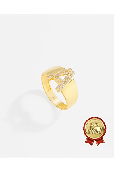 MEKS JEWELS 14 Ayar Kişiye Özel Harfli ve Zirkon Taşlı Altın Yüzük
