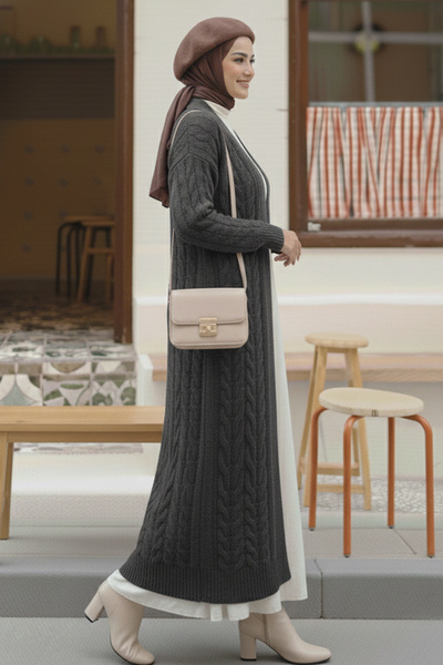 benguen Knitted Patterned Long Knitwear Cardigan R4251 Anthracite