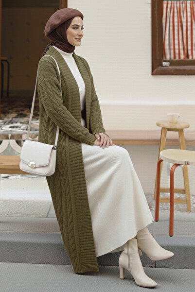 benguen Knitted Patterned Long Knitwear Cardigan R4251 Khaki