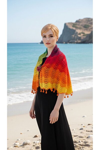 Gönülden Tasarım 105X35 Cm El Örgüsü Ebruli Broşlu Kadın Şal