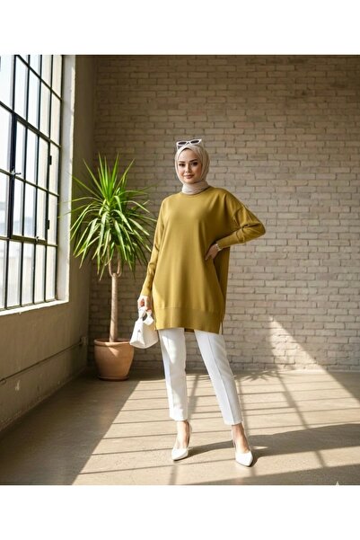 ERLINE Yağ Yeşili Bisiklet Yaka Merserize Salaş Triko Tesettür Tunik