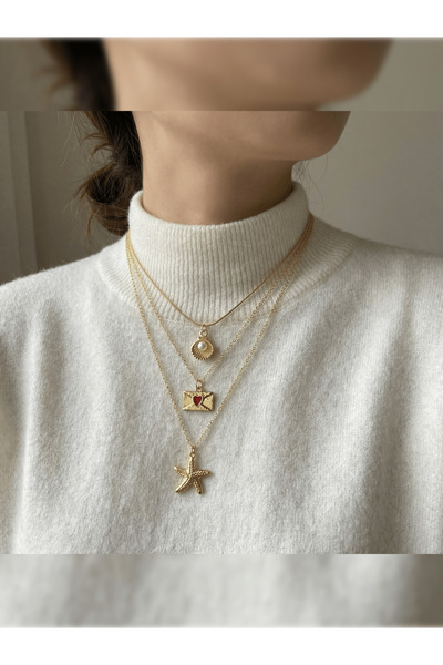 PURE BERRY 3LÜ İSTİRİDYE-DENİZ YILDIZI-MEKTUP SET GOLD RENK KARARMAZ SOLMAZ PASLANMAZ KUTULU GÖNDERİM