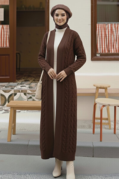 benguen Πλεκτή Ζακέτα Μακρύ Πλεκτό Μοτίβο R4251 Καφέ