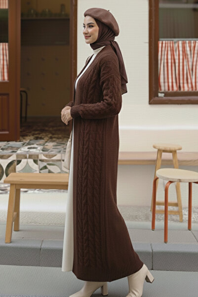 benguen Πλεκτή Ζακέτα Μακρύ Πλεκτό Μοτίβο R4251 Καφέ