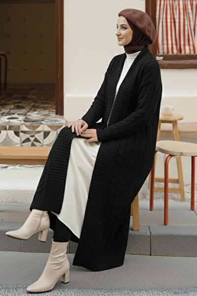 benguen Knitted Patterned Long Knitwear Cardigan R4251 Black