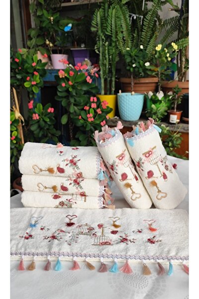 A.Z.H. (6Th Set) 50X90 cm Bird and Flower Embroidered Tasseled Velvet Texture Luxury Towel Set