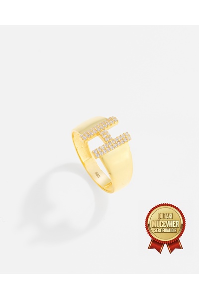 MEKS JEWELS 14 Ayar Kişiye Özel Harfli ve Zirkon Taşlı Altın Yüzük