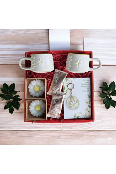 MARMORİ PAPATYA İKİLİ SERAMİK KUPALI EPOKSİ ANAHTARLIK KAHVE PAPATYA MUM HEDİ...